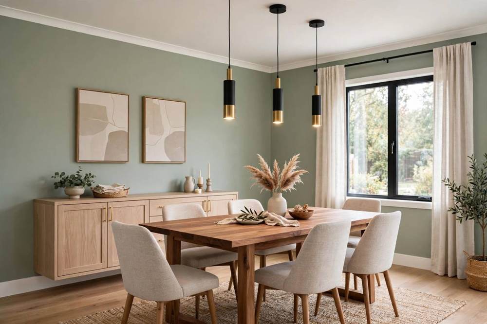 Remodeled dining room with a family table, built-in storage, and dimmed lighting in a San Fernando home.
