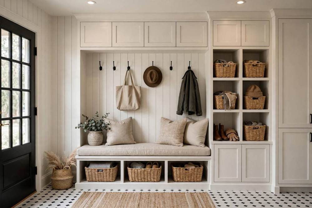 Remodeled mudroom entry with a bench, per-person cubbies, and durable flooring in a San Fernando home.