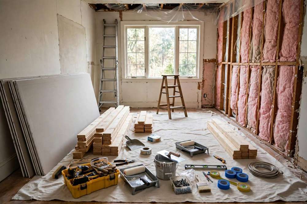 Wide view of a sunny room under renovation with construction materials and tools present
