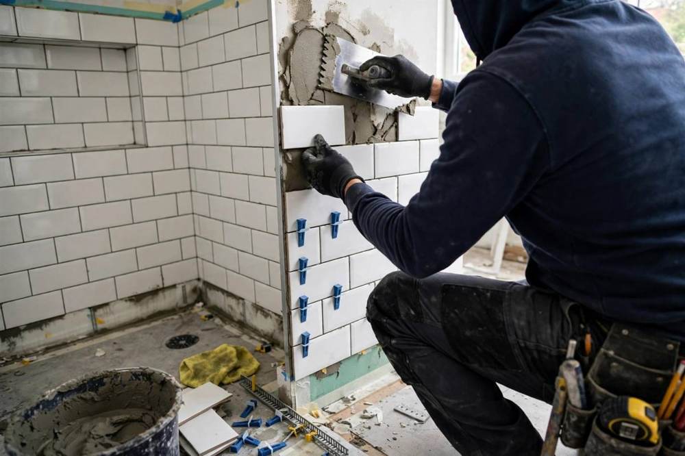 Tile wall and floor installation in progress in a San Fernando bathroom remodel.